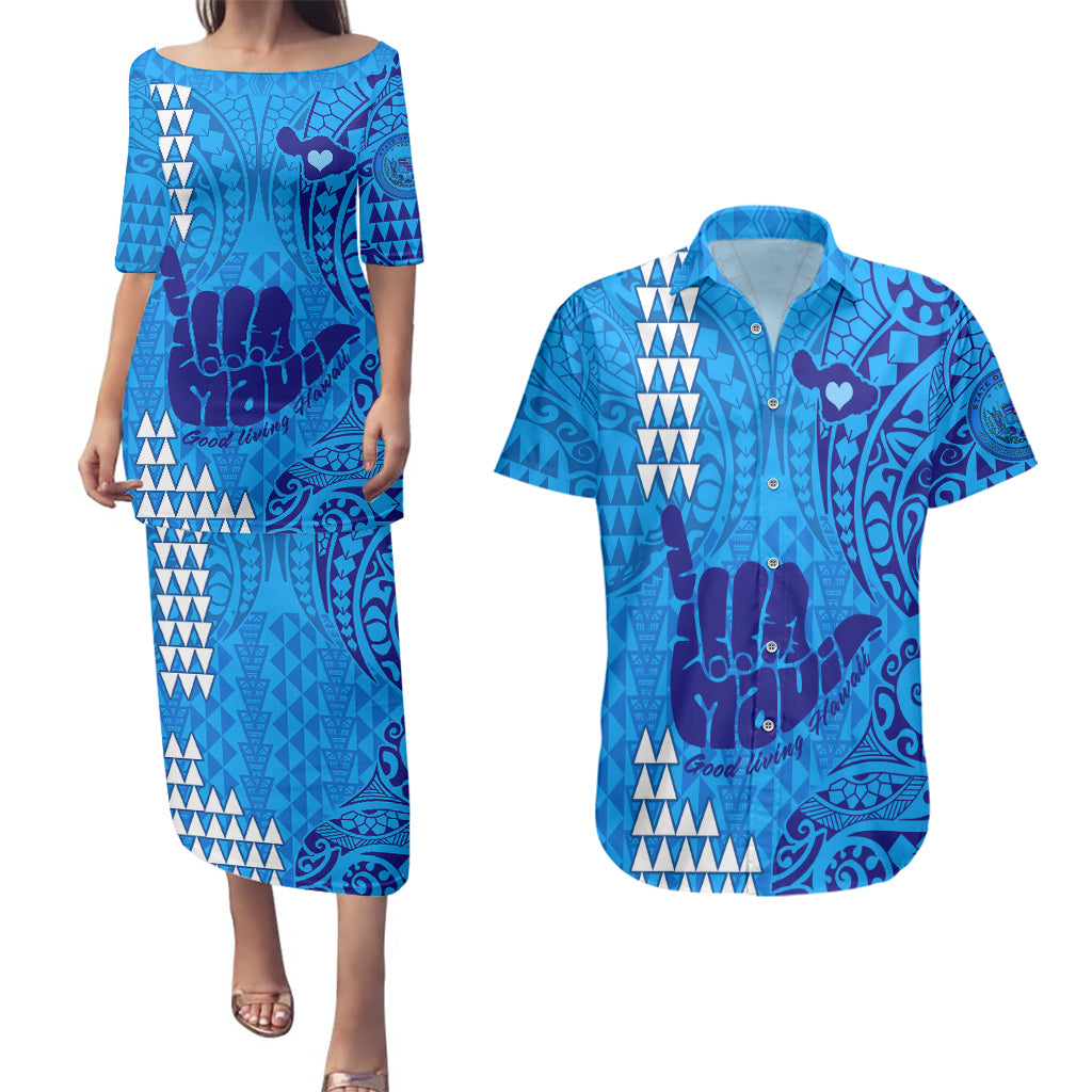 Strong Maui Couples Matching Puletasi Dress and Hawaiian Shirt Good Living Hawaii with Shaka Sign Kakau Tribal Blue LT9 Blue - Polynesian Pride