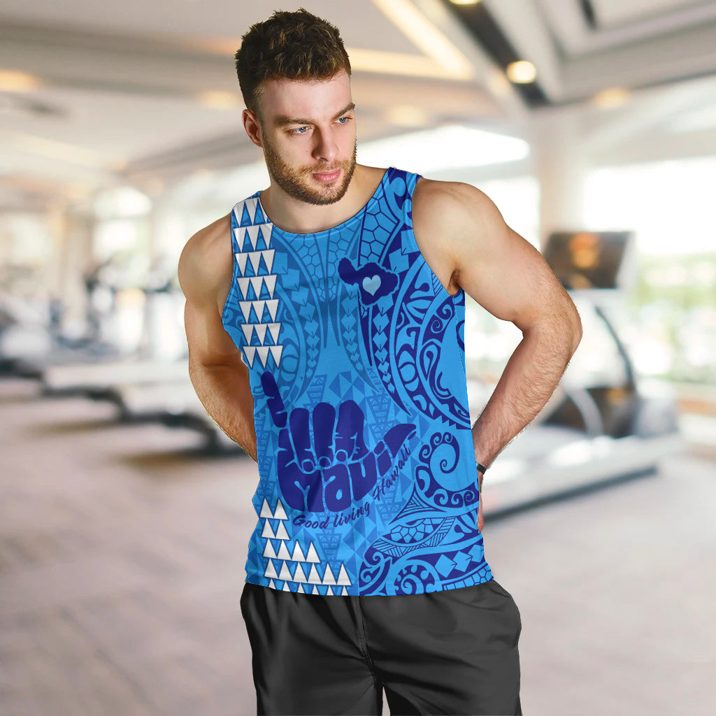 Strong Maui Men Tank Top Good Living Hawaii with Shaka Sign Kakau Tribal Blue LT9 - Polynesian Pride