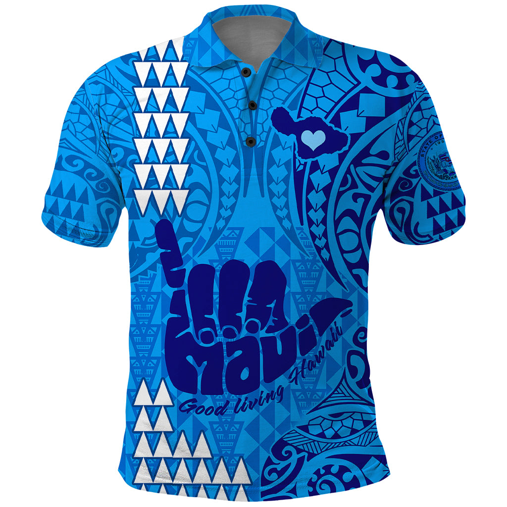 Strong Maui Polo Shirt Good Living Hawaii with Shaka Sign Kakau Tribal Blue LT9 Blue - Polynesian Pride
