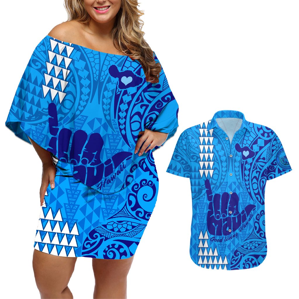 Personalised Strong Maui Couples Matching Off Shoulder Short Dress and Hawaiian Shirt Good Living Hawaii with Shaka Sign Kakau Tribal Blue LT9 Blue - Polynesian Pride