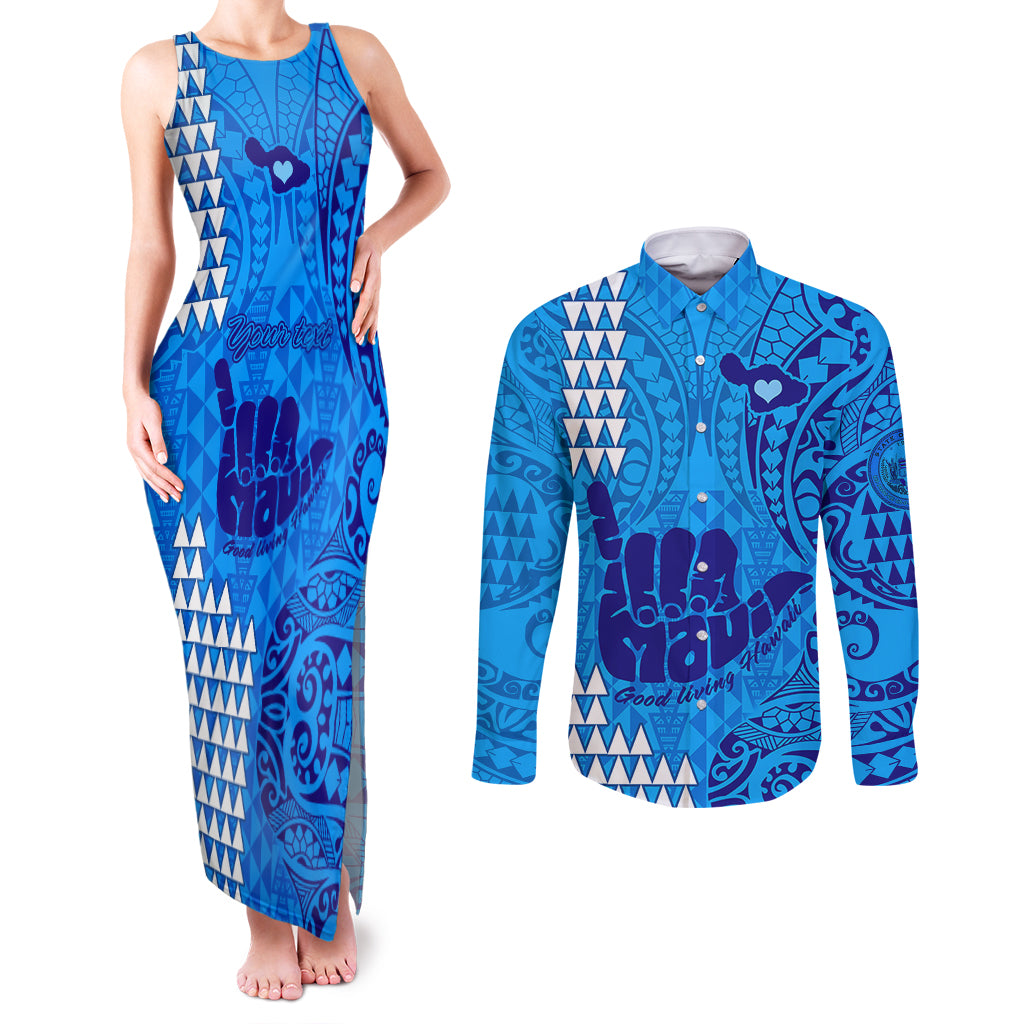 Personalised Strong Maui Couples Matching Tank Maxi Dress and Long Sleeve Button Shirts Good Living Hawaii with Shaka Sign Kakau Tribal Blue LT9 Blue - Polynesian Pride