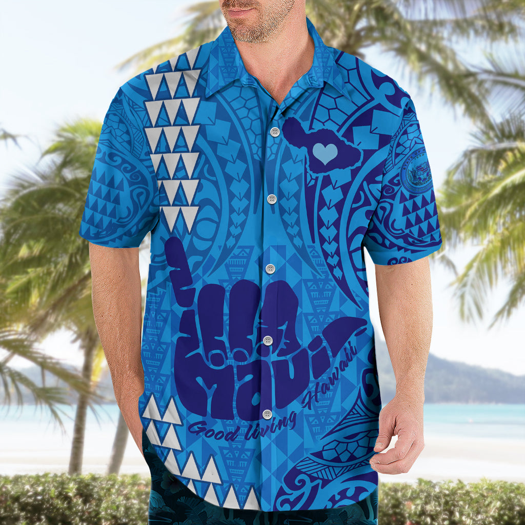 Personalised Strong Maui Hawaiian Shirt Good Living Hawaii with Shaka Sign Kakau Tribal Blue LT9 - Polynesian Pride