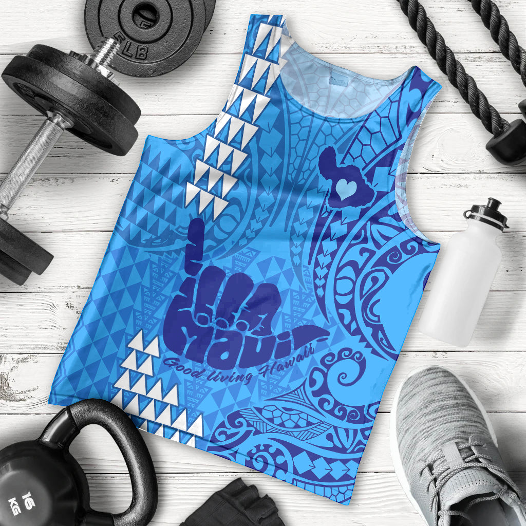 Personalised Strong Maui Men Tank Top Good Living Hawaii with Shaka Sign Kakau Tribal Blue LT9 Blue - Polynesian Pride