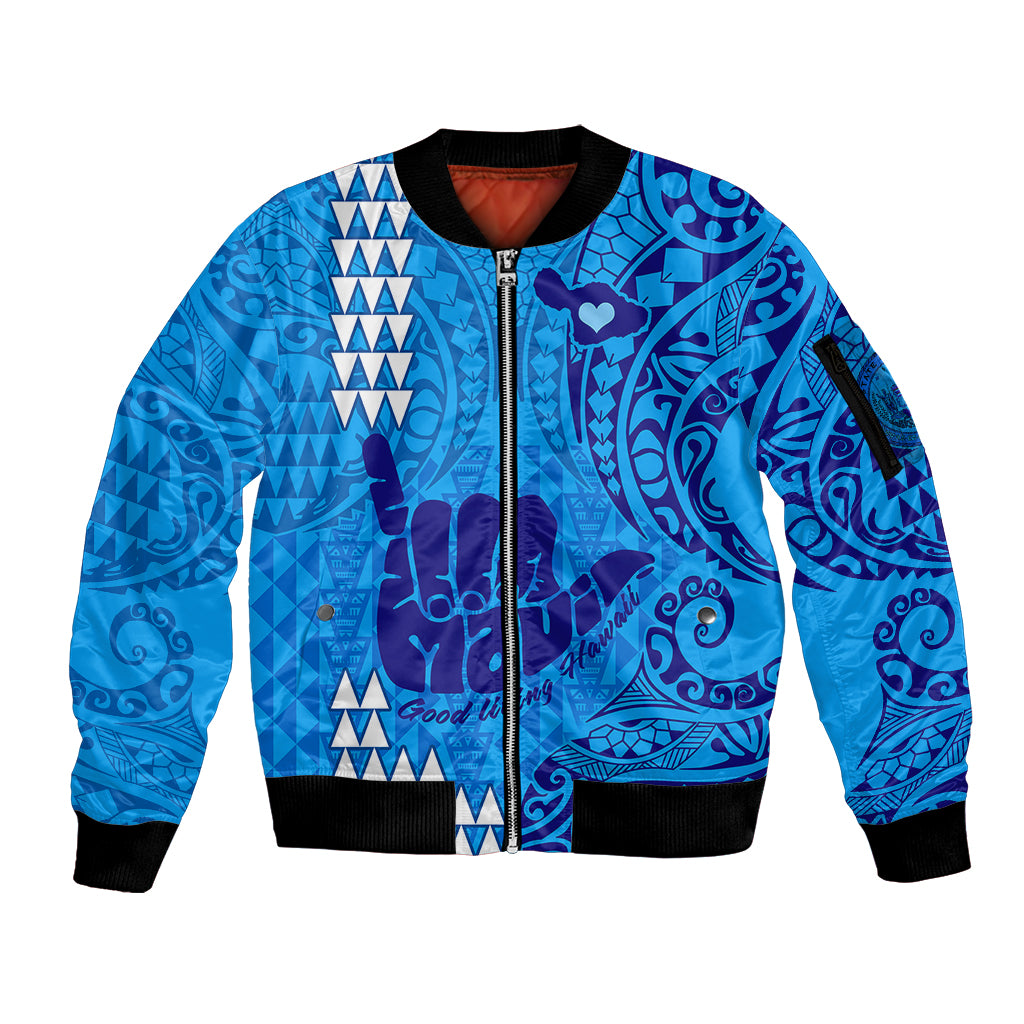 Personalised Strong Maui Sleeve Zip Bomber Jacket Good Living Hawaii with Shaka Sign Kakau Tribal Blue LT9 Unisex Blue - Polynesian Pride