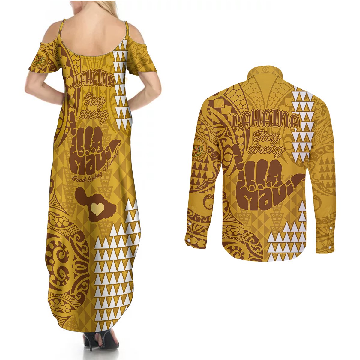Strong Maui Couples Matching Summer Maxi Dress and Long Sleeve Button Shirts Good Living Hawaii with Shaka Sign Kakau Tribal Gold LT9 - Polynesian Pride