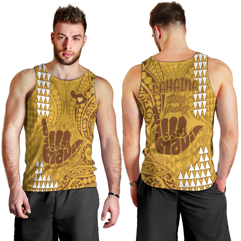 Strong Maui Men Tank Top Good Living Hawaii with Shaka Sign Kakau Tribal Gold LT9 - Polynesian Pride