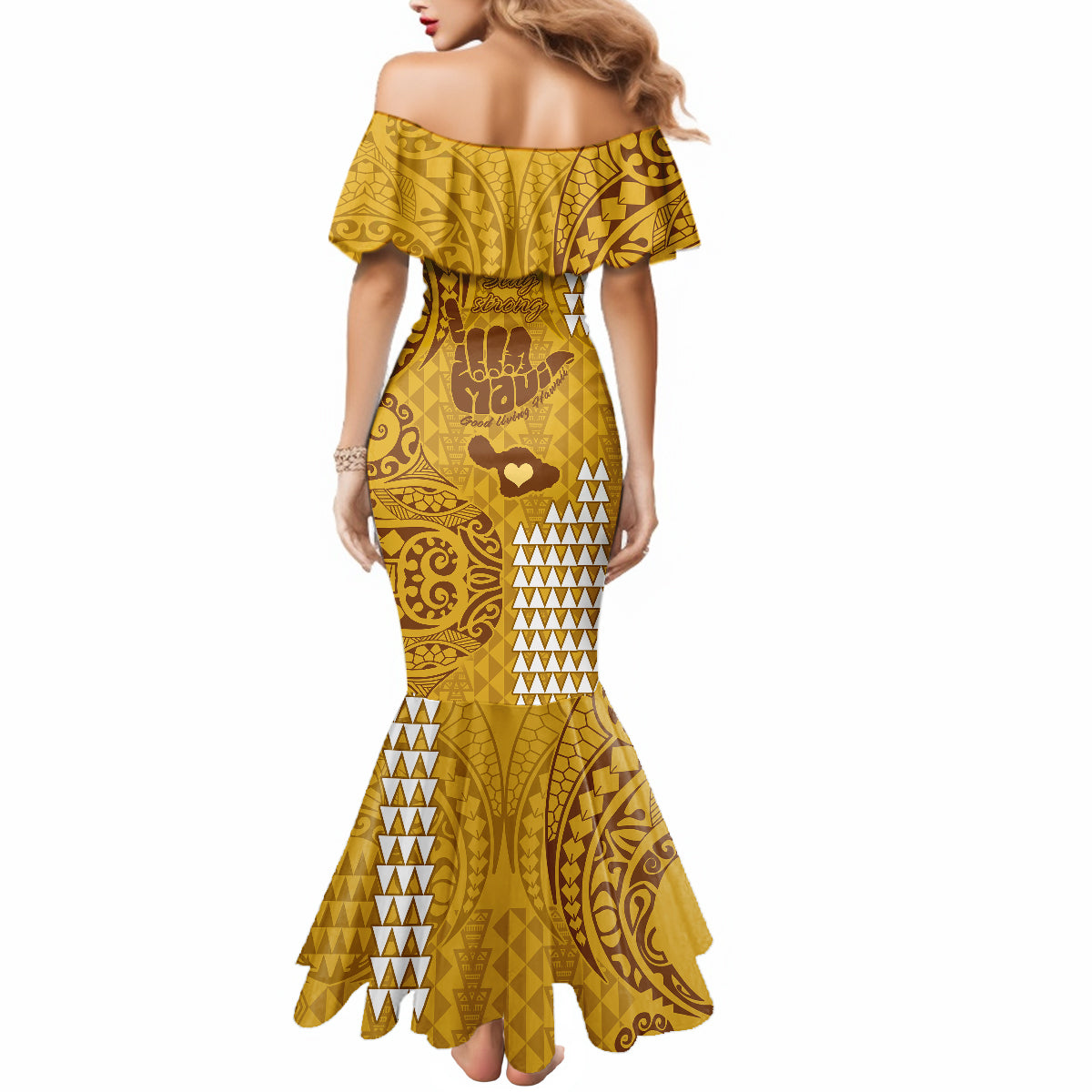Strong Maui Mermaid Dress Good Living Hawaii with Shaka Sign Kakau Tribal Gold LT9 - Polynesian Pride