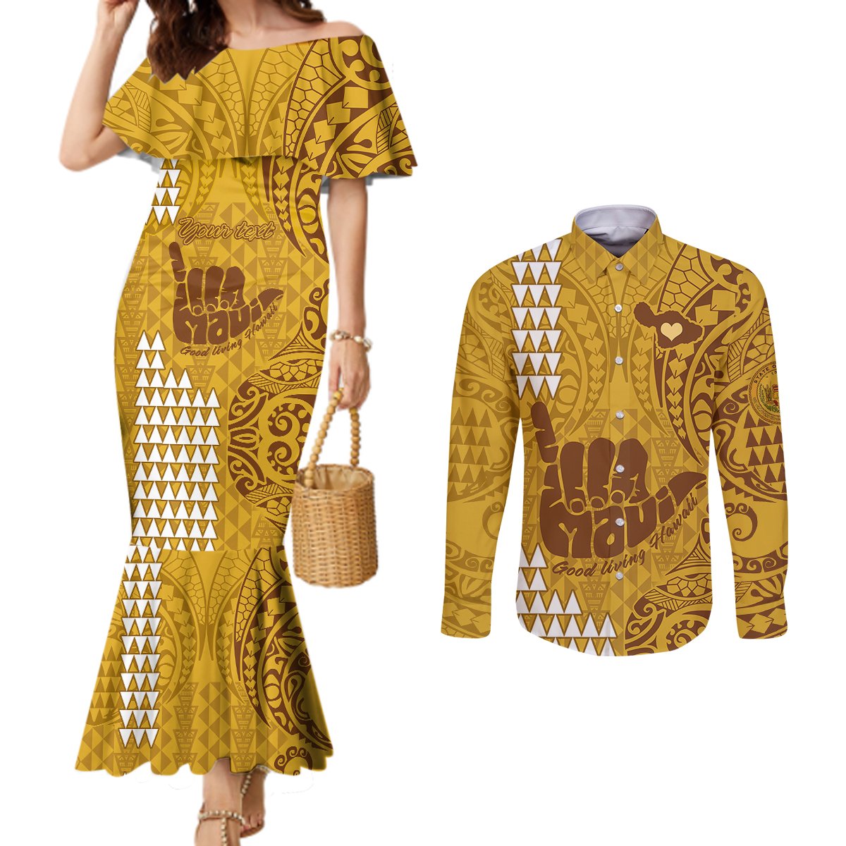 Personalised Strong Maui Couples Matching Mermaid Dress and Long Sleeve Button Shirts Good Living Hawaii with Shaka Sign Kakau Tribal Gold LT9 Gold - Polynesian Pride