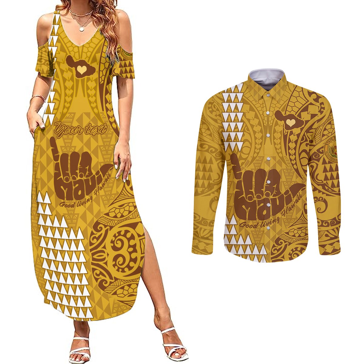 Personalised Strong Maui Couples Matching Summer Maxi Dress and Long Sleeve Button Shirts Good Living Hawaii with Shaka Sign Kakau Tribal Gold LT9 Gold - Polynesian Pride