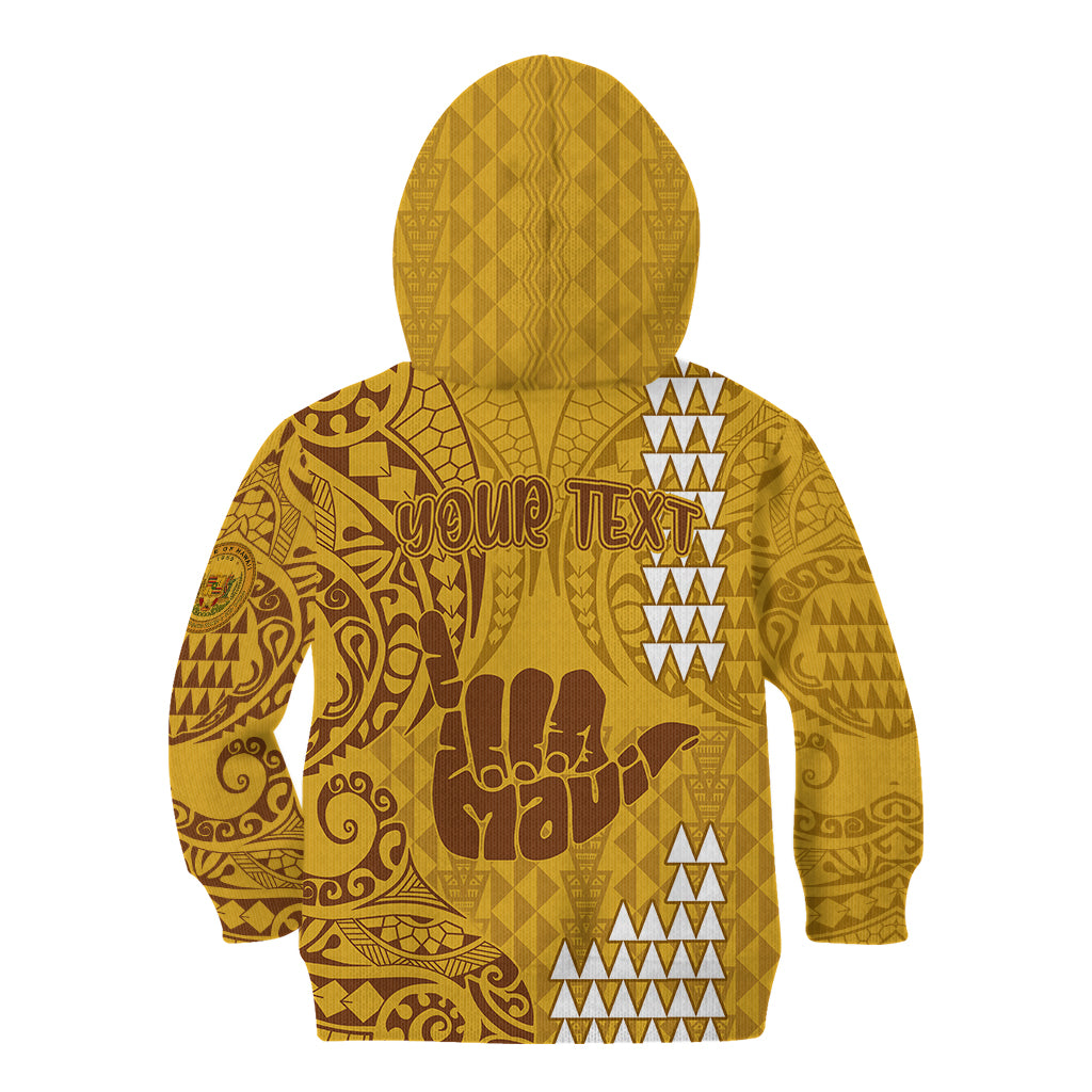 Personalised Strong Maui Kid Hoodie Good Living Hawaii with Shaka Sign Kakau Tribal Gold LT9 - Polynesian Pride