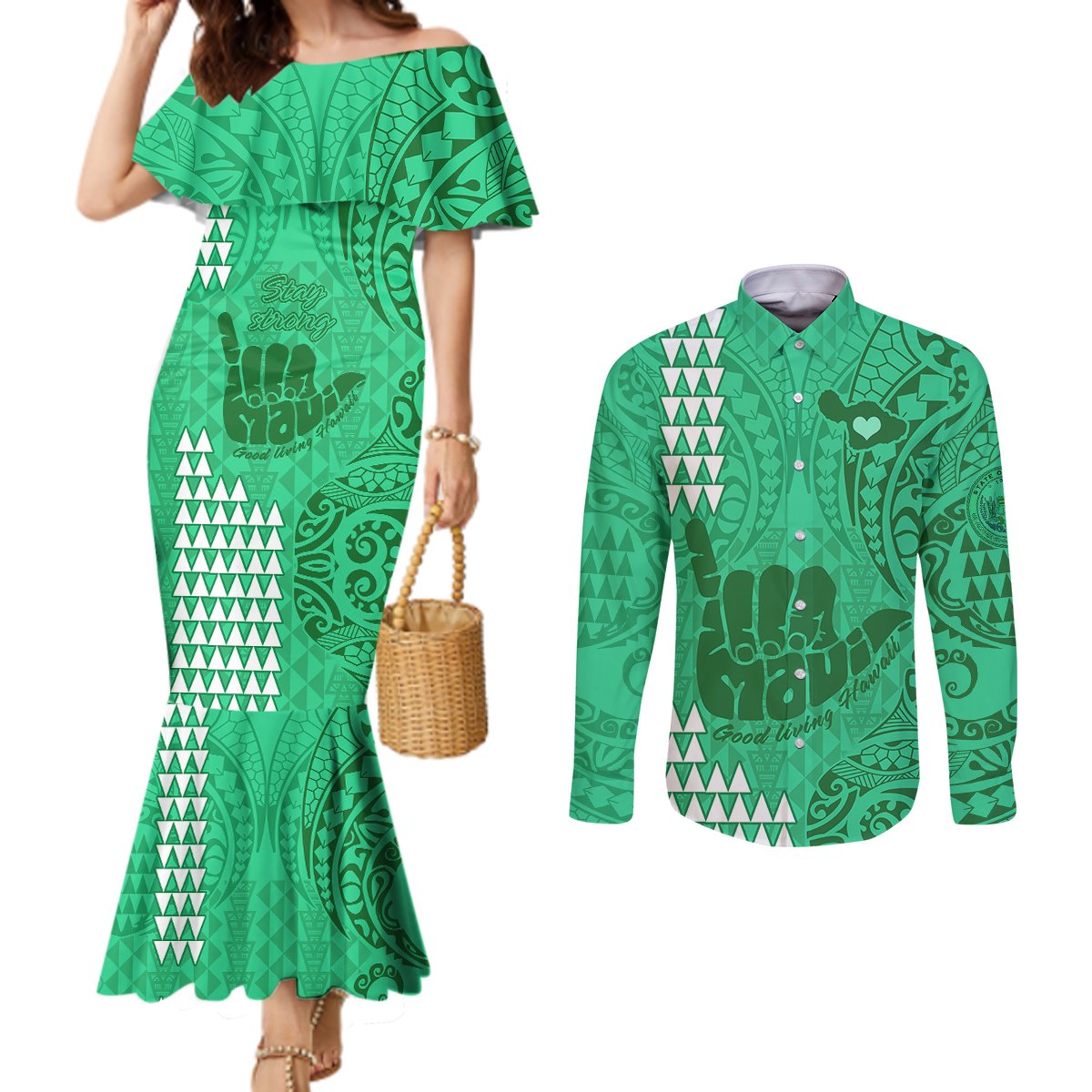 Strong Maui Couples Matching Mermaid Dress and Long Sleeve Button Shirts Good Living Hawaii with Shaka Sign Kakau Tribal Green LT9 Green - Polynesian Pride