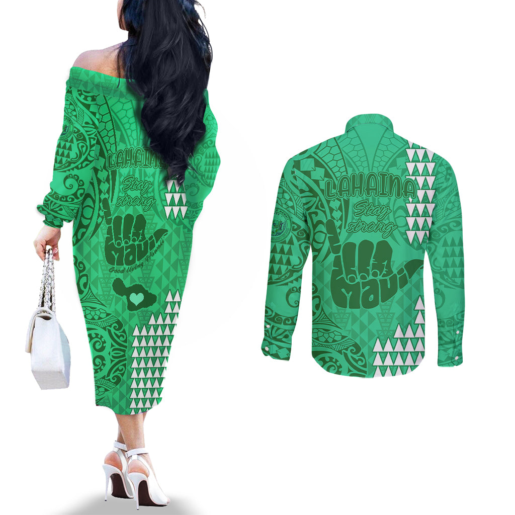 Strong Maui Couples Matching Off The Shoulder Long Sleeve Dress and Long Sleeve Button Shirts Good Living Hawaii with Shaka Sign Kakau Tribal Green LT9 - Polynesian Pride