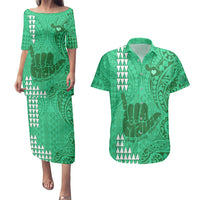 Strong Maui Couples Matching Puletasi Dress and Hawaiian Shirt Good Living Hawaii with Shaka Sign Kakau Tribal Green LT9 Green - Polynesian Pride