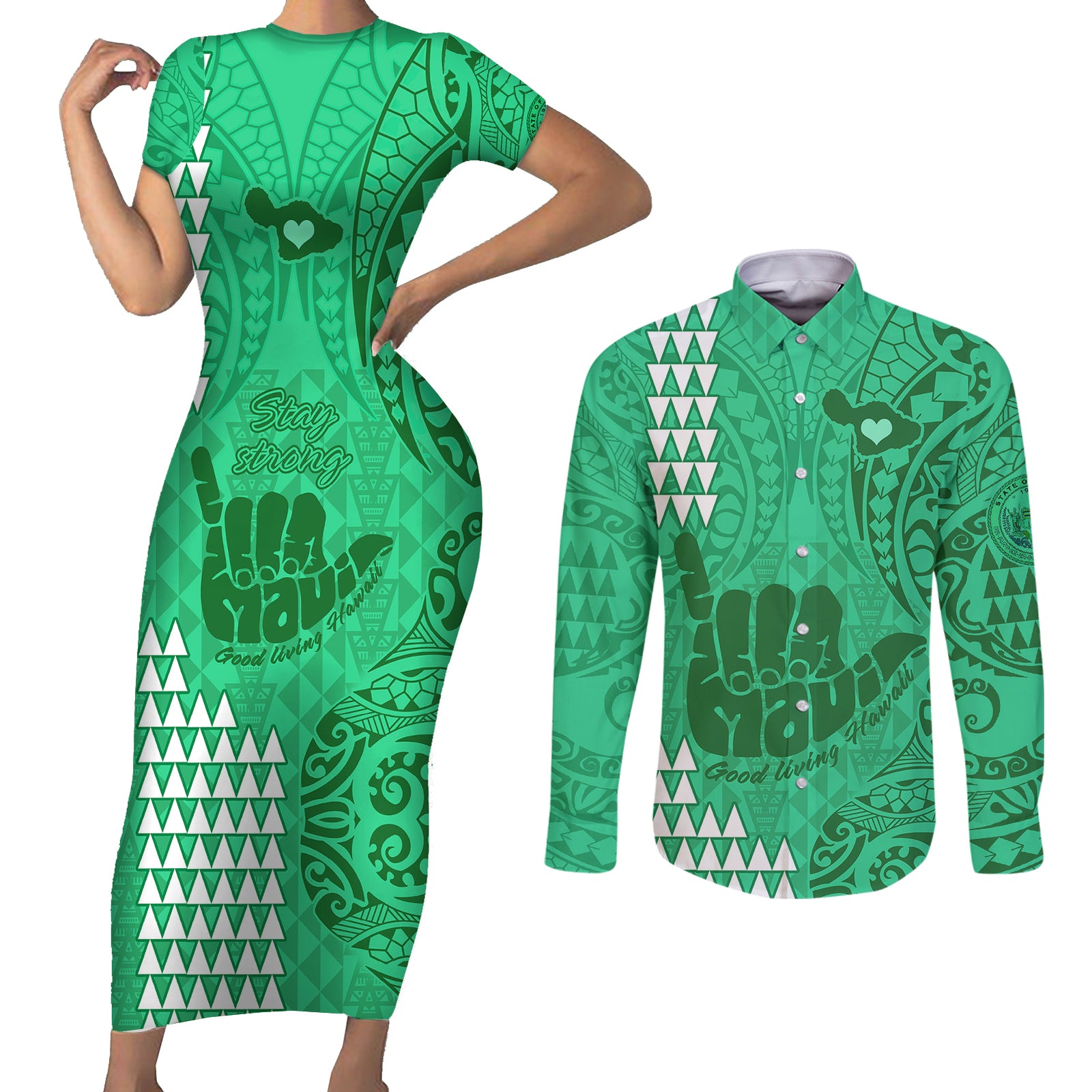 Strong Maui Couples Matching Short Sleeve Bodycon Dress and Long Sleeve Button Shirts Good Living Hawaii with Shaka Sign Kakau Tribal Green LT9 Green - Polynesian Pride