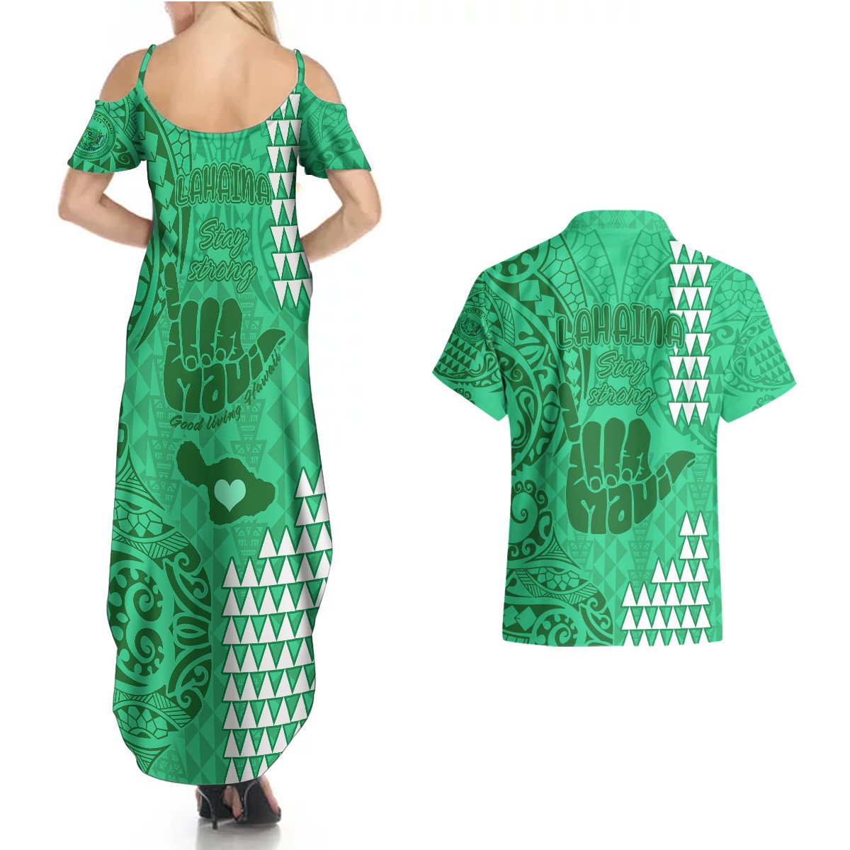 Strong Maui Couples Matching Summer Maxi Dress and Hawaiian Shirt Good Living Hawaii with Shaka Sign Kakau Tribal Green LT9 - Polynesian Pride