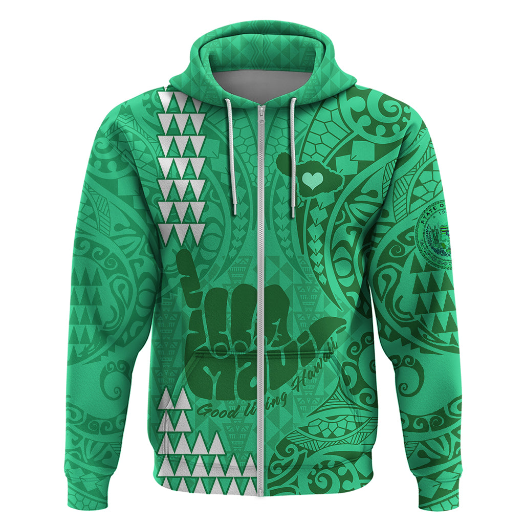 Strong Maui Hoodie Good Living Hawaii with Shaka Sign Kakau Tribal Green LT9 - Polynesian Pride