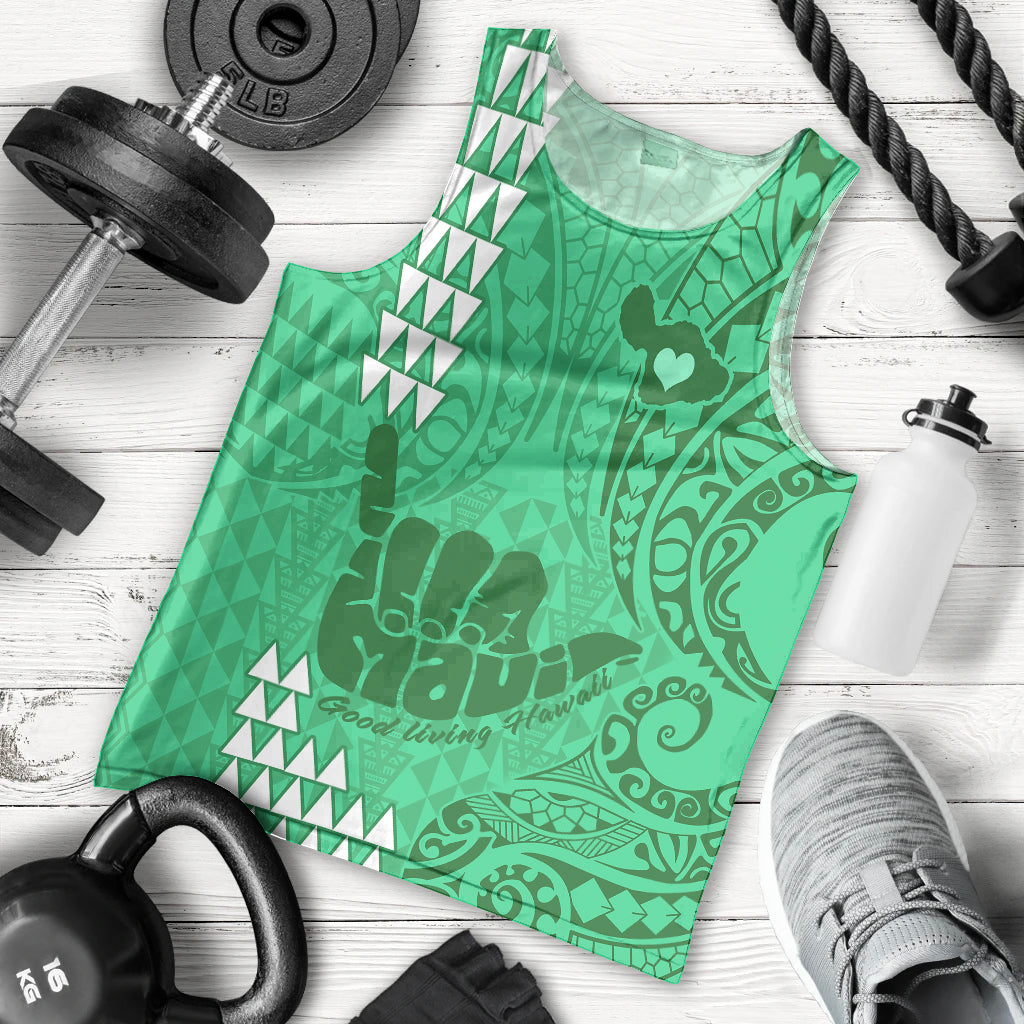 Strong Maui Men Tank Top Good Living Hawaii with Shaka Sign Kakau Tribal Green LT9 Green - Polynesian Pride