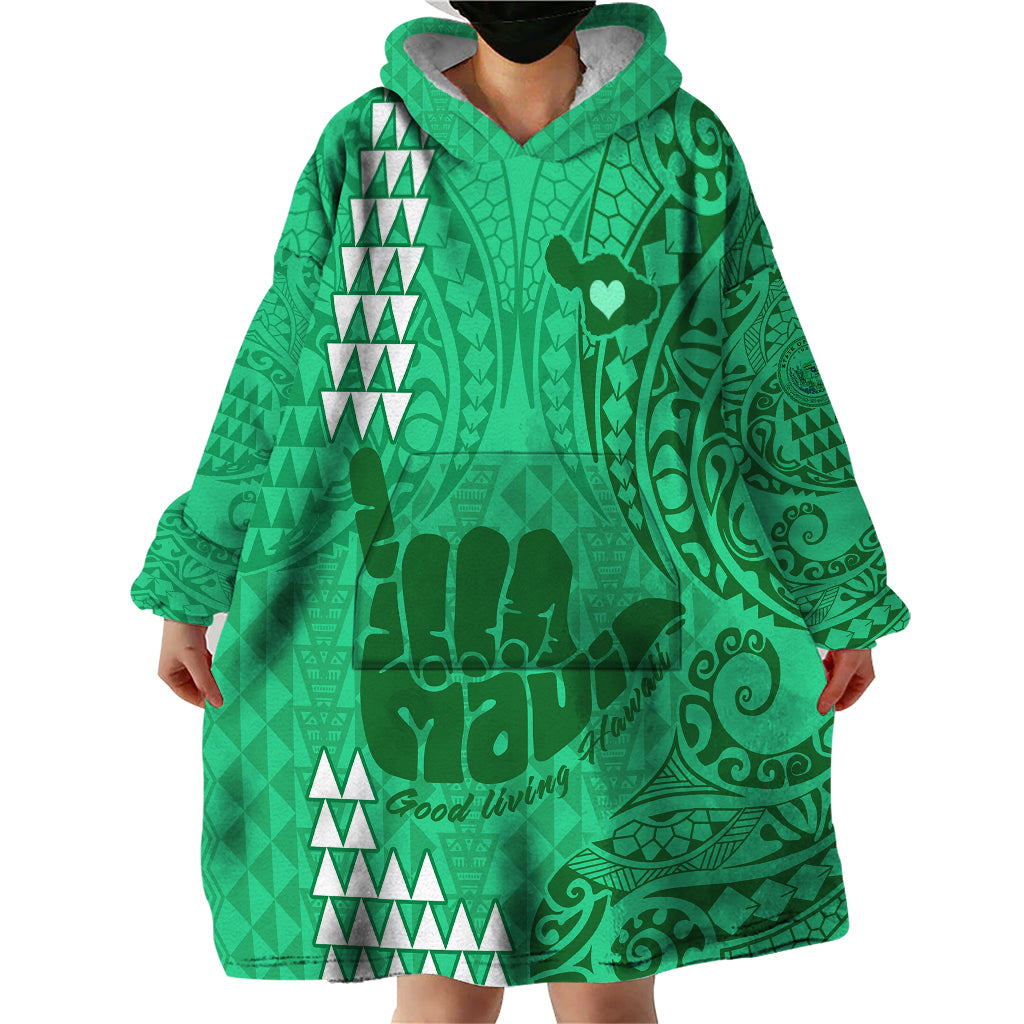 Strong Maui Wearable Blanket Hoodie Good Living Hawaii with Shaka Sign Kakau Tribal Green LT9 - Polynesian Pride