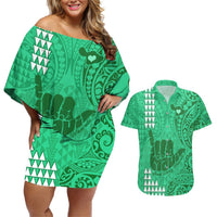 Personalised Strong Maui Couples Matching Off Shoulder Short Dress and Hawaiian Shirt Good Living Hawaii with Shaka Sign Kakau Tribal Green LT9 Green - Polynesian Pride