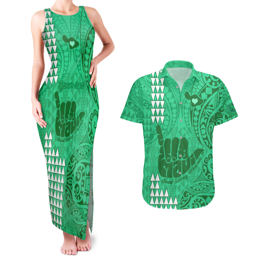 Personalised Strong Maui Couples Matching Tank Maxi Dress and Hawaiian Shirt Good Living Hawaii with Shaka Sign Kakau Tribal Green LT9 Green - Polynesian Pride
