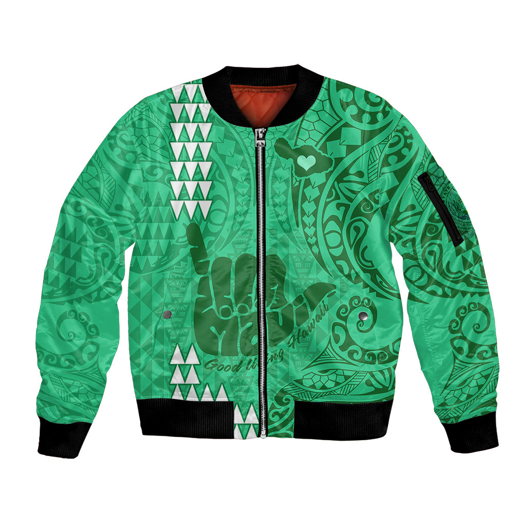 Personalised Strong Maui Sleeve Zip Bomber Jacket Good Living Hawaii with Shaka Sign Kakau Tribal Green LT9 Unisex Green - Polynesian Pride