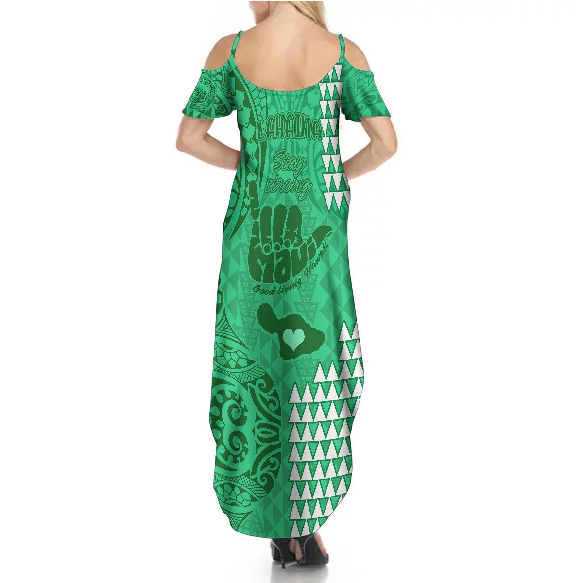 Personalised Strong Maui Summer Maxi Dress Good Living Hawaii with Shaka Sign Kakau Tribal Green LT9 - Polynesian Pride