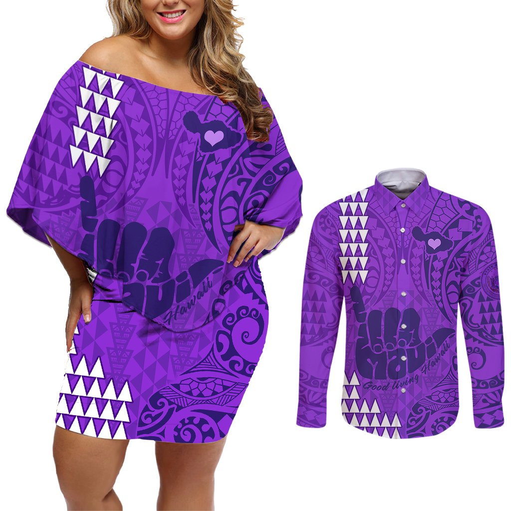Strong Maui Couples Matching Off Shoulder Short Dress and Long Sleeve Button Shirts Good Living Hawaii with Shaka Sign Kakau Tribal Purple LT9 Purple - Polynesian Pride