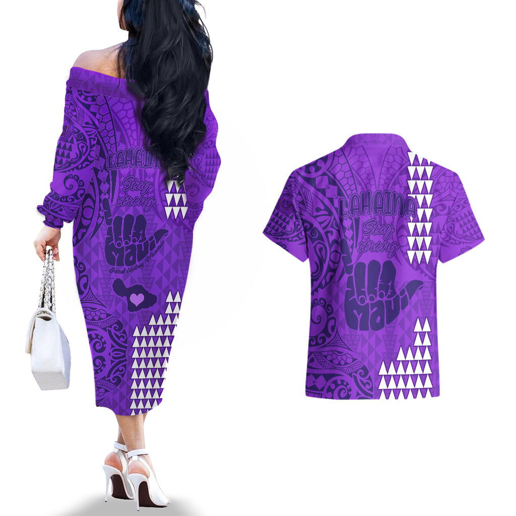 Strong Maui Couples Matching Off The Shoulder Long Sleeve Dress and Hawaiian Shirt Good Living Hawaii with Shaka Sign Kakau Tribal Purple LT9 - Polynesian Pride
