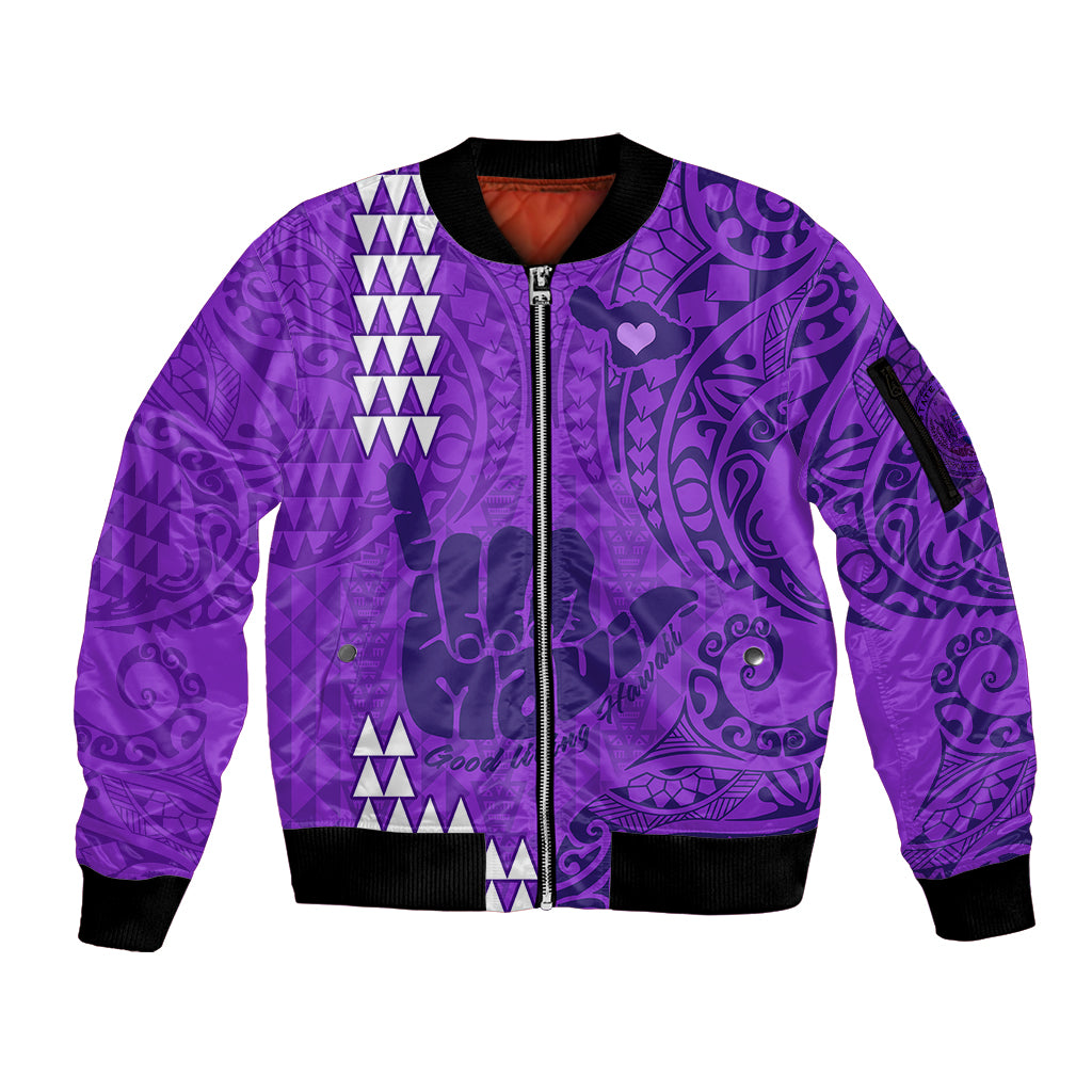 Strong Maui Sleeve Zip Bomber Jacket Good Living Hawaii with Shaka Sign Kakau Tribal Purple LT9 Unisex Purple - Polynesian Pride