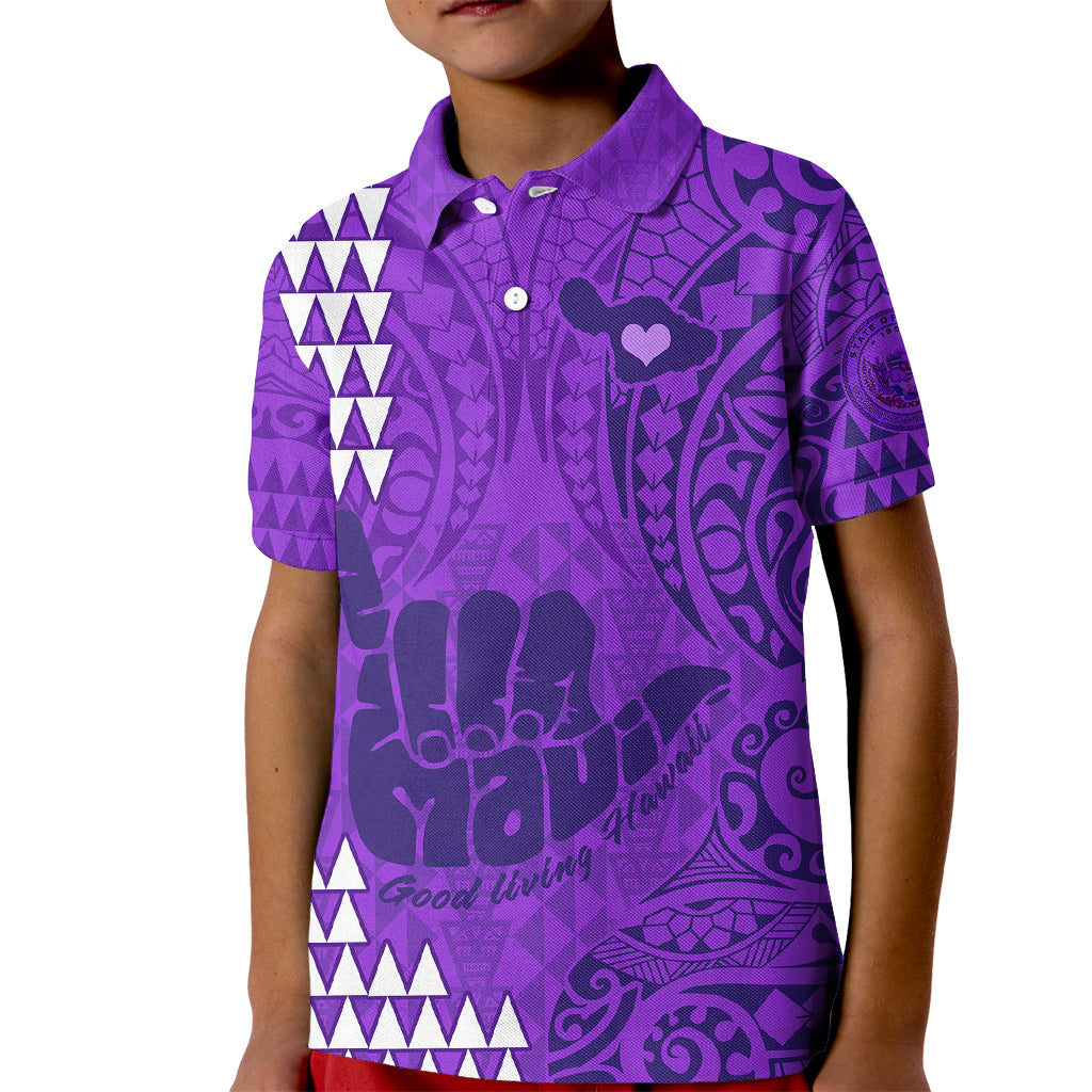 Personalised Strong Maui Kid Polo Shirt Good Living Hawaii with Shaka Sign Kakau Tribal Purple LT9 Kid Purple - Polynesian Pride