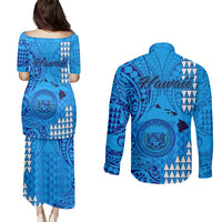 Maui Island Couples Matching Puletasi Dress and Long Sleeve Button Shirts Kakau Tribal Mixed Polynesian Pattern Blue LT9 - Polynesian Pride