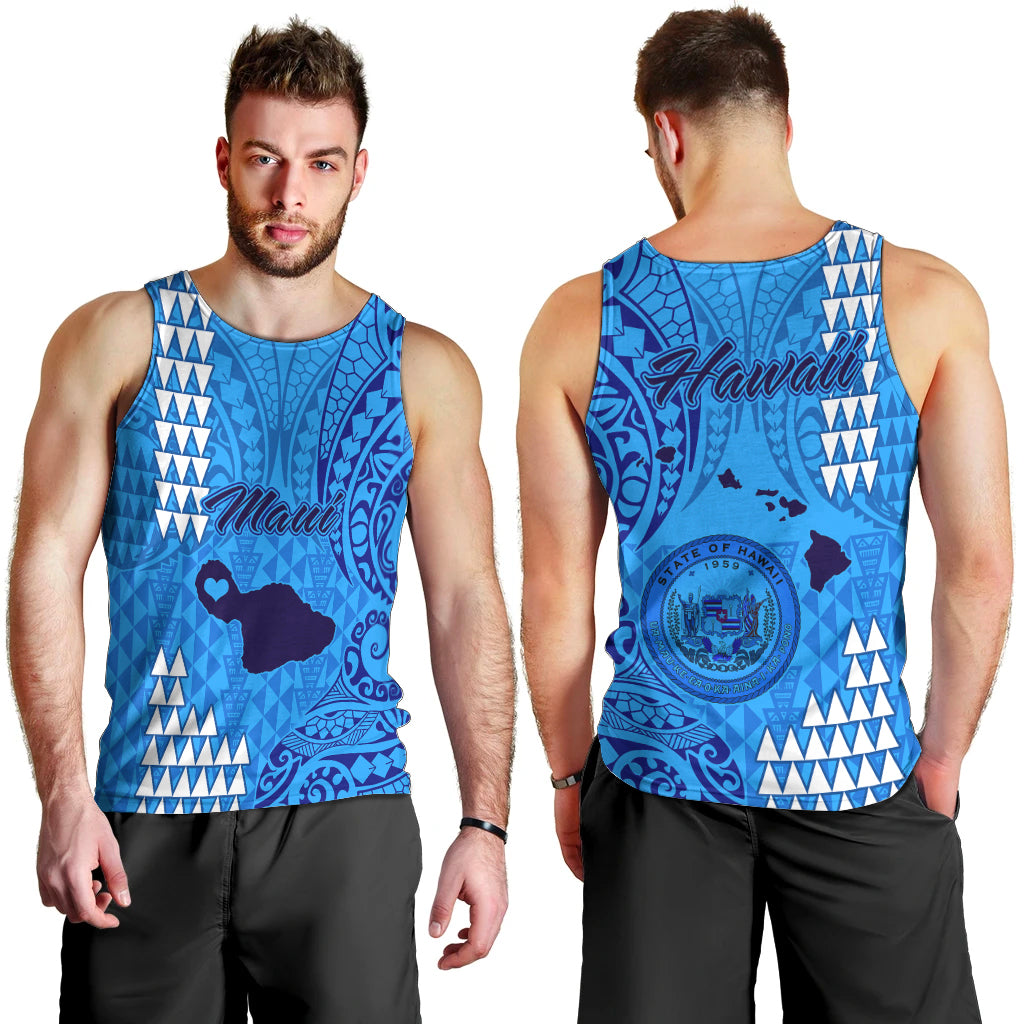 Maui Island Men Tank Top Kakau Tribal Mixed Polynesian Pattern Blue LT9 - Polynesian Pride