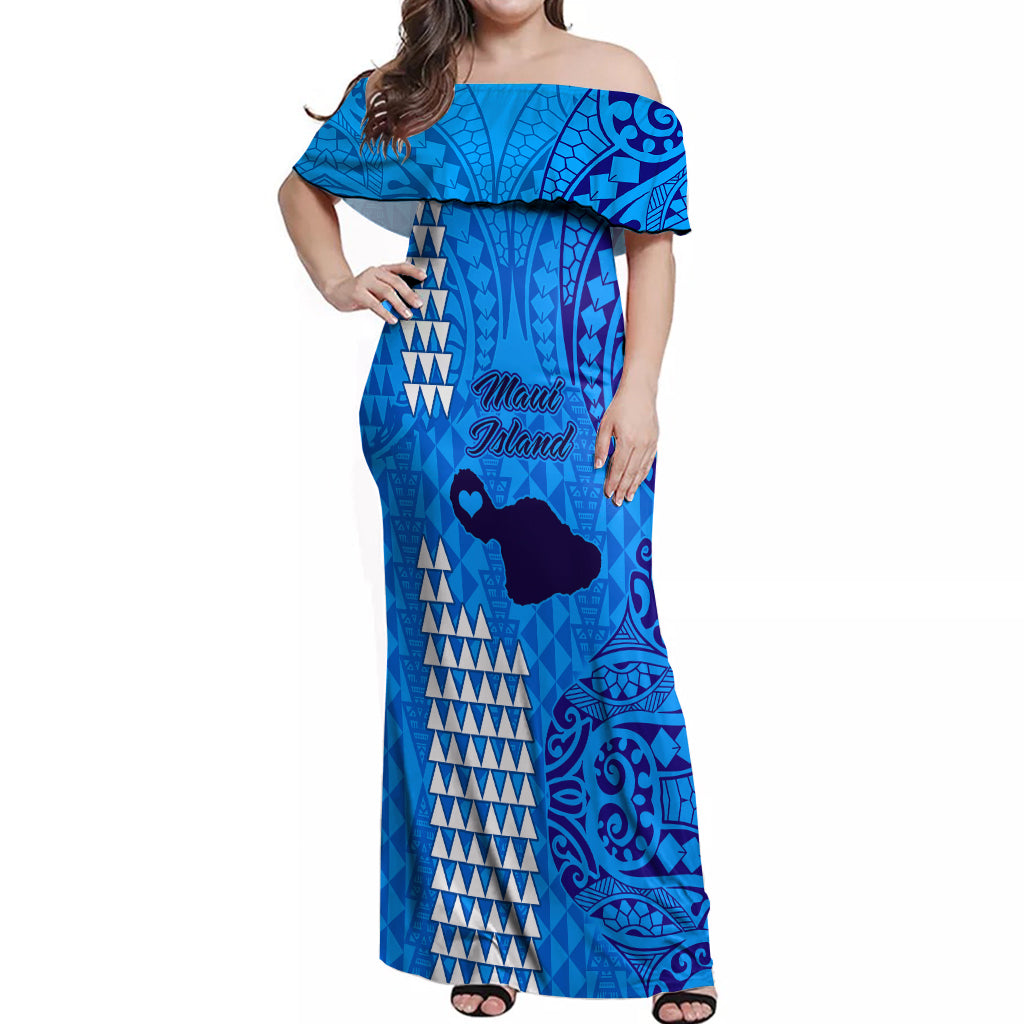 Maui Island Off Shoulder Maxi Dress Kakau Tribal Mixed Polynesian Pattern Blue LT9 Women Blue - Polynesian Pride