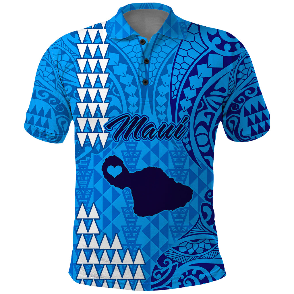 Maui Island Polo Shirt Kakau Tribal Mixed Polynesian Pattern Blue LT9 Blue - Polynesian Pride