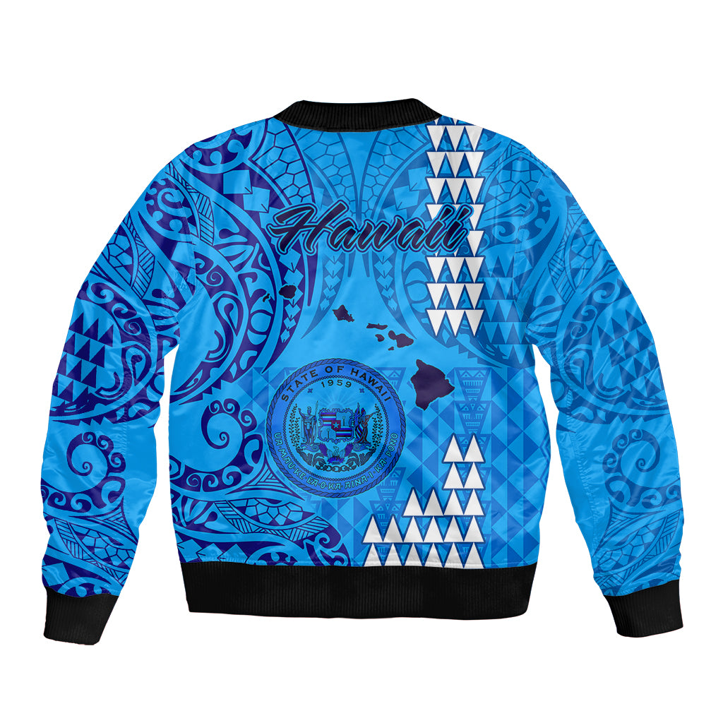 Maui Island Sleeve Zip Bomber Jacket Kakau Tribal Mixed Polynesian Pattern Blue LT9 - Polynesian Pride