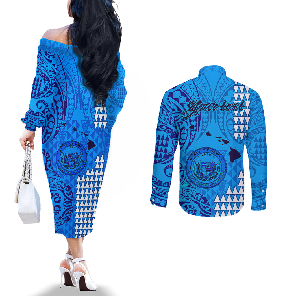 Personalised Maui Island Couples Matching Off The Shoulder Long Sleeve Dress and Long Sleeve Button Shirts Kakau Tribal Mixed Polynesian Pattern Blue LT9 - Polynesian Pride