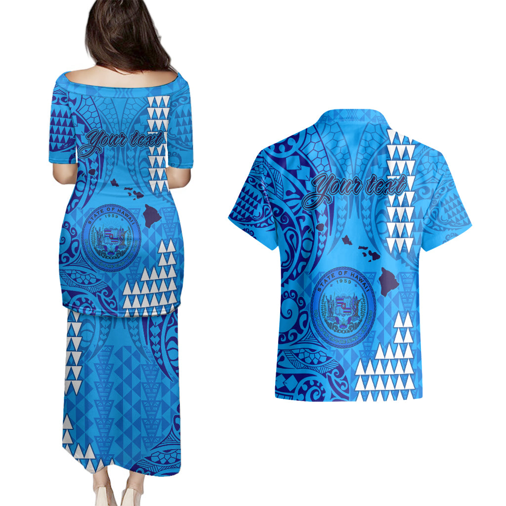 Personalised Maui Island Couples Matching Puletasi Dress and Hawaiian Shirt Kakau Tribal Mixed Polynesian Pattern Blue LT9 - Polynesian Pride