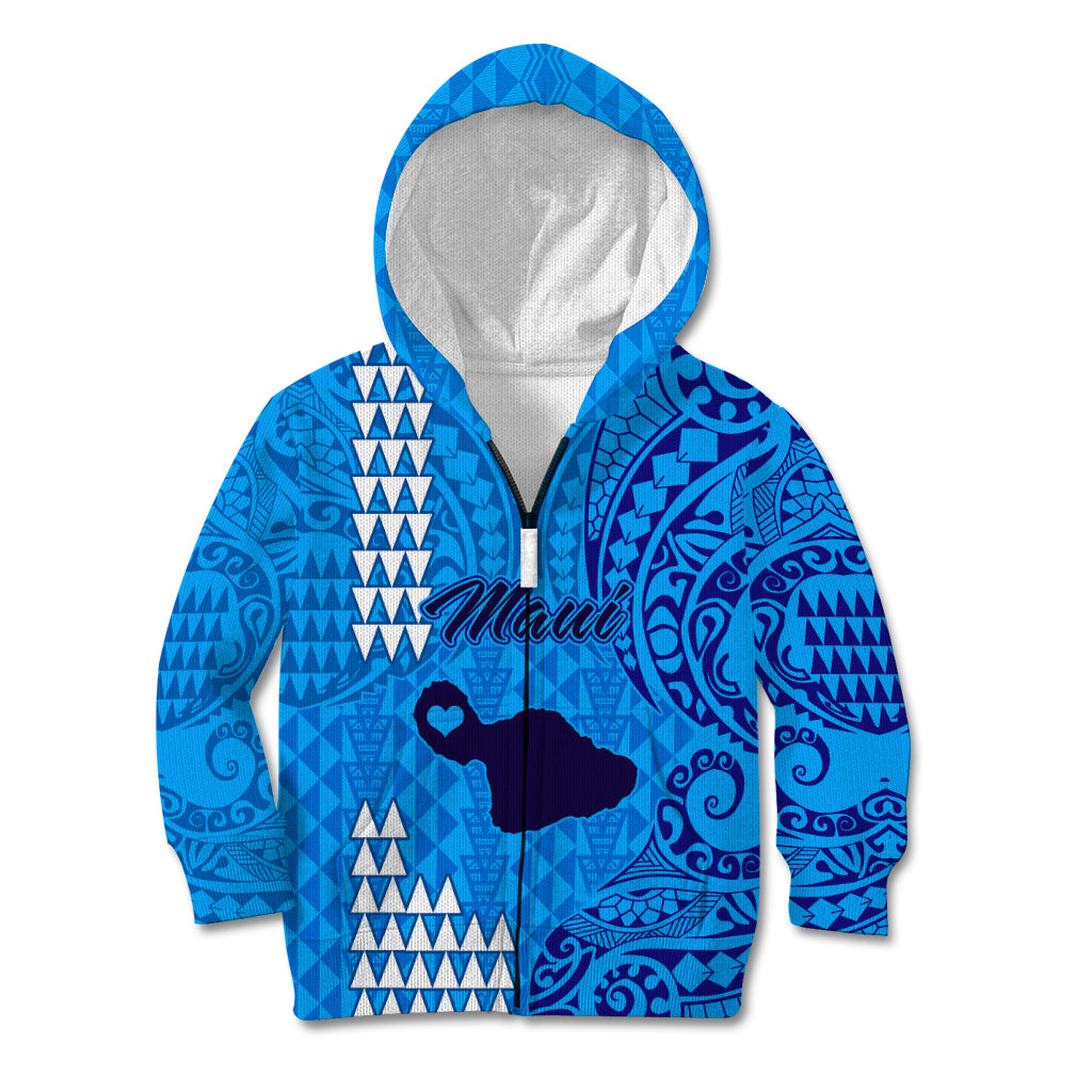 Personalised Maui Island Kid Hoodie Kakau Tribal Mixed Polynesian Pattern Blue LT9 Zip Hoodie Blue - Polynesian Pride