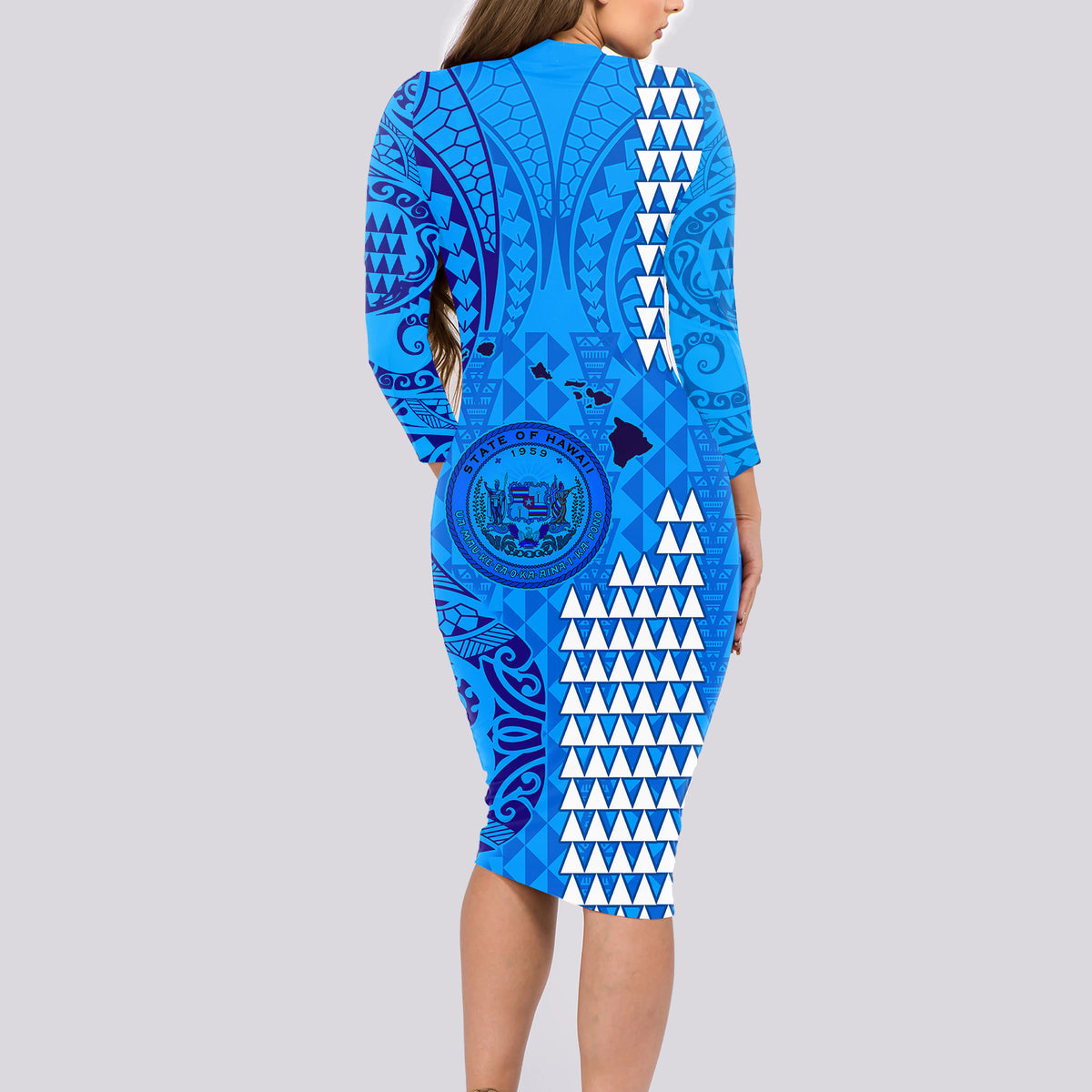 Personalised Maui Island Long Sleeve Bodycon Dress Kakau Tribal Mixed Polynesian Pattern Blue LT9 - Polynesian Pride