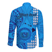 Personalised Maui Island Long Sleeve Button Shirt Kakau Tribal Mixed Polynesian Pattern Blue LT9 - Polynesian Pride