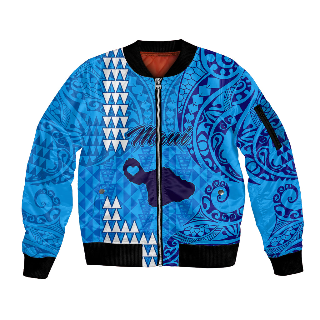 Personalised Maui Island Sleeve Zip Bomber Jacket Kakau Tribal Mixed Polynesian Pattern Blue LT9 Unisex Blue - Polynesian Pride