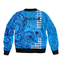 Personalised Maui Island Sleeve Zip Bomber Jacket Kakau Tribal Mixed Polynesian Pattern Blue LT9 - Polynesian Pride