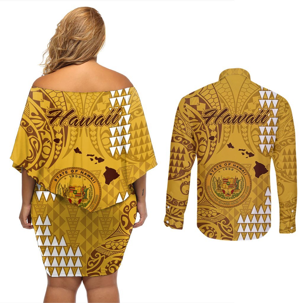 Maui Island Couples Matching Off Shoulder Short Dress and Long Sleeve Button Shirts Kakau Tribal Mixed Polynesian Pattern Gold LT9 - Polynesian Pride