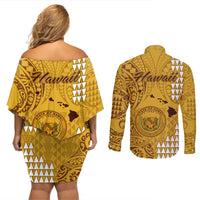 Maui Island Couples Matching Off Shoulder Short Dress and Long Sleeve Button Shirts Kakau Tribal Mixed Polynesian Pattern Gold LT9 - Polynesian Pride