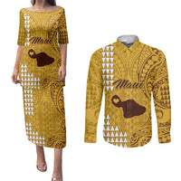 Maui Island Couples Matching Puletasi Dress and Long Sleeve Button Shirts Kakau Tribal Mixed Polynesian Pattern Gold LT9 Gold - Polynesian Pride