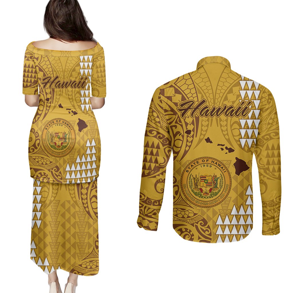 Maui Island Couples Matching Puletasi Dress and Long Sleeve Button Shirts Kakau Tribal Mixed Polynesian Pattern Gold LT9 - Polynesian Pride