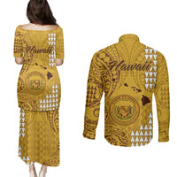 Maui Island Couples Matching Puletasi Dress and Long Sleeve Button Shirts Kakau Tribal Mixed Polynesian Pattern Gold LT9 - Polynesian Pride