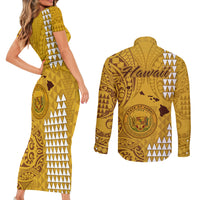Maui Island Couples Matching Short Sleeve Bodycon Dress and Long Sleeve Button Shirts Kakau Tribal Mixed Polynesian Pattern Gold LT9 - Polynesian Pride