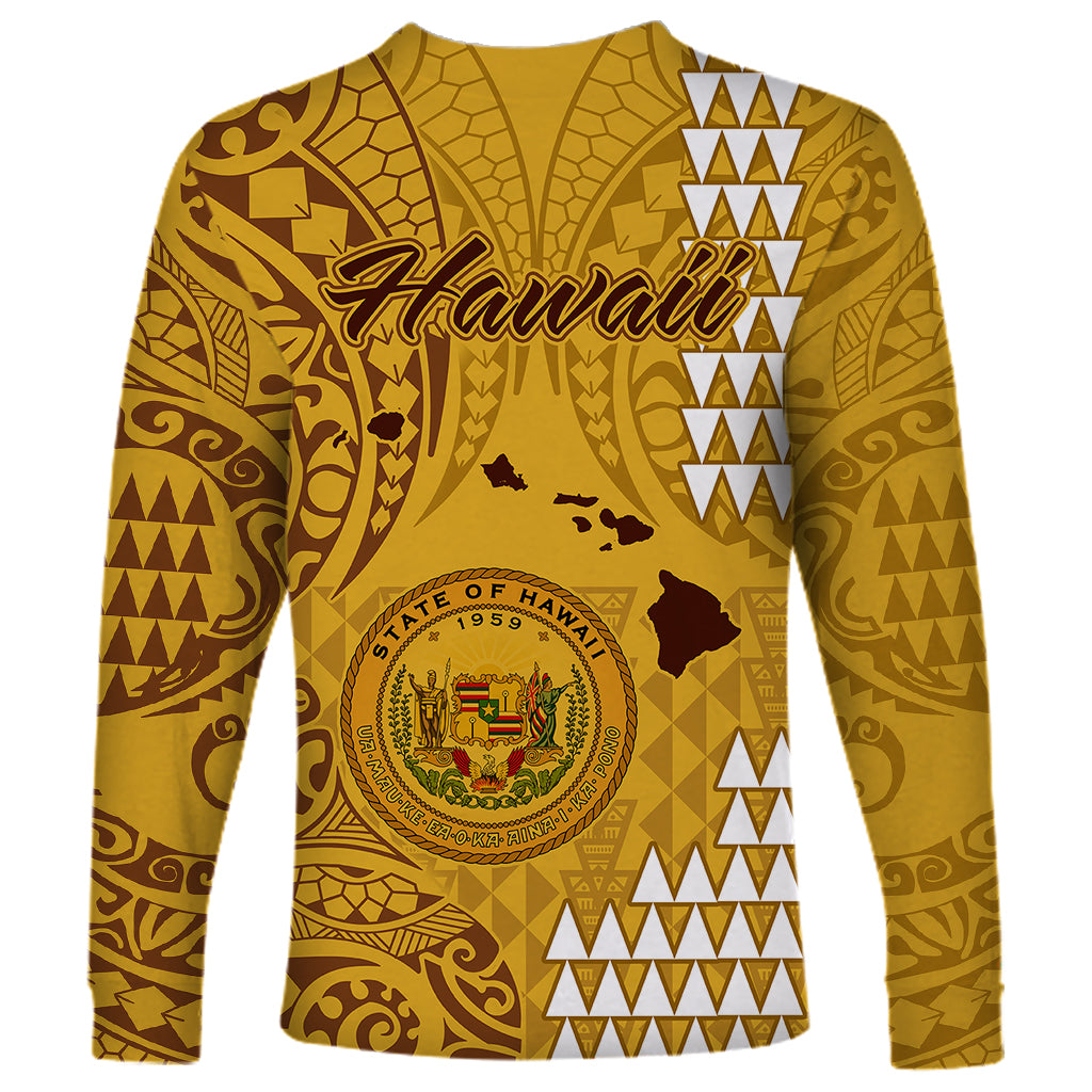 Maui Island Long Sleeve Shirt Kakau Tribal Mixed Polynesian Pattern Gold LT9 - Polynesian Pride