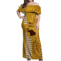 Maui Island Off Shoulder Maxi Dress Kakau Tribal Mixed Polynesian Pattern Gold LT9 Women Gold - Polynesian Pride